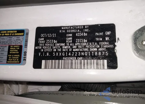 2022 Kia K5 Lxs z USA, uszkodzony, nr VIN 5XXG14J23NG118875